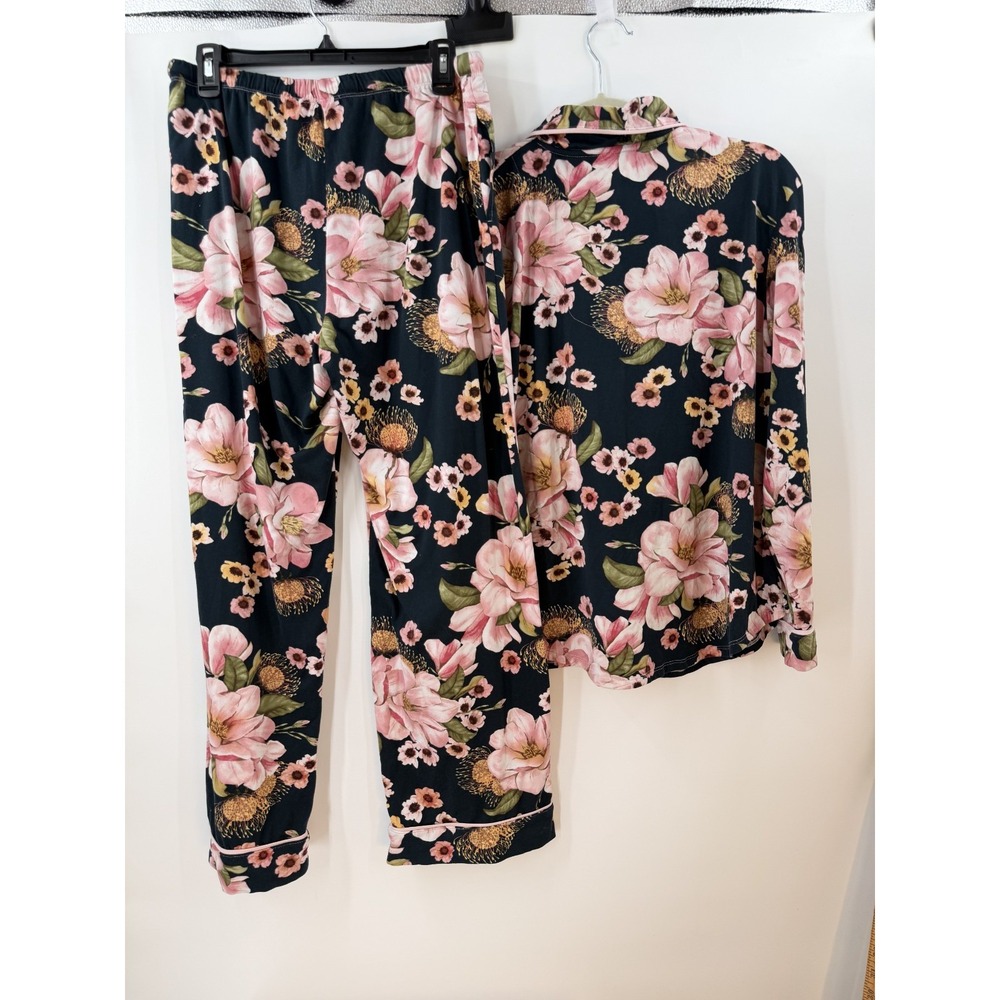 Room Service Women's Large Floral Pajama Set Button Up Top‎ Pants Pink Navy - Picture 6 of 12